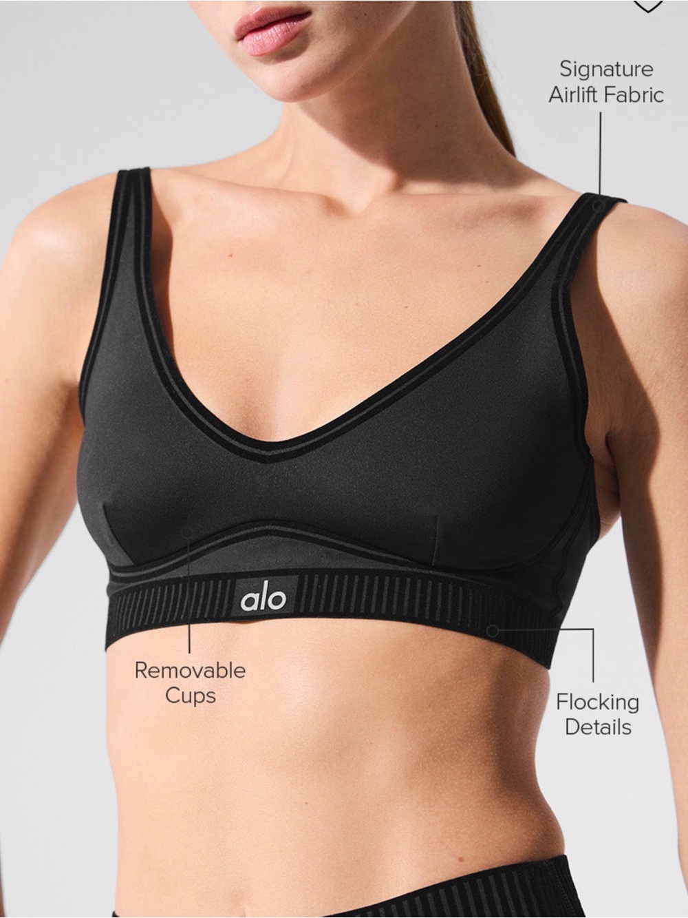 ALO Yoga Black V‑Neck Airlift Sports Bra with Removable Cups